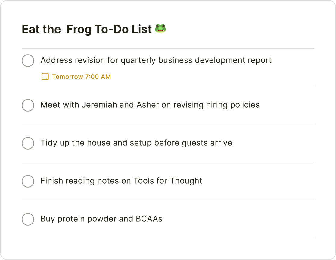 A to-do list organized around the Eat the Frog productivity method