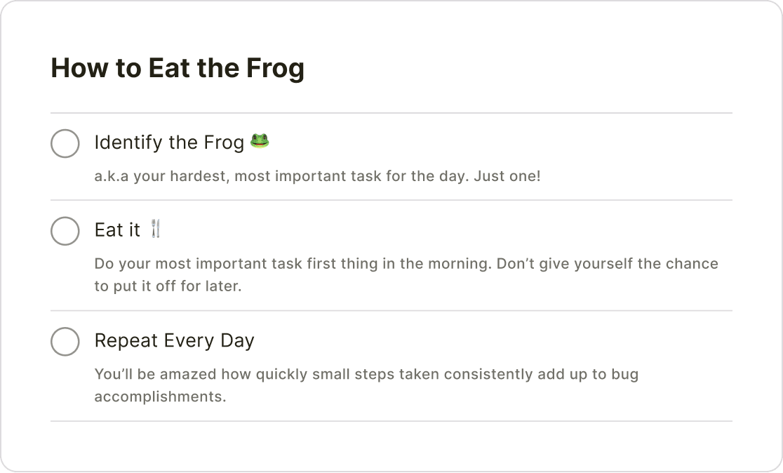 How to eat the frog summary, identify the frog, eat it, and repeat