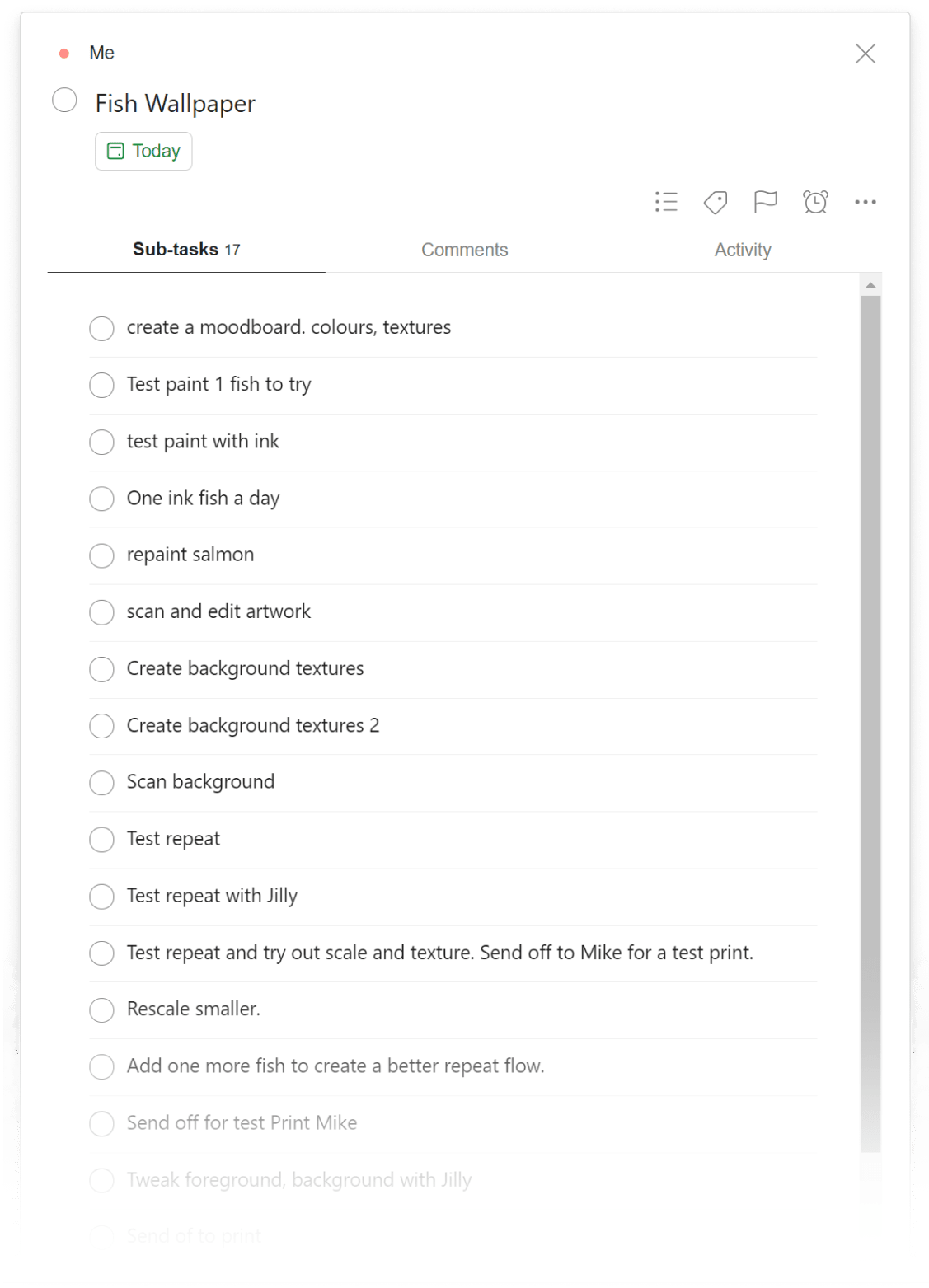Sian's Todoist project for her fish wallpaper collection: she <a href="https://www.todoist.com/help/articles/introduction-to-tasks-080OAXric">duplicates her tasks</a> along with all their sub-tasks from previous collection to save the time of creating a whole new set of tasks manually.