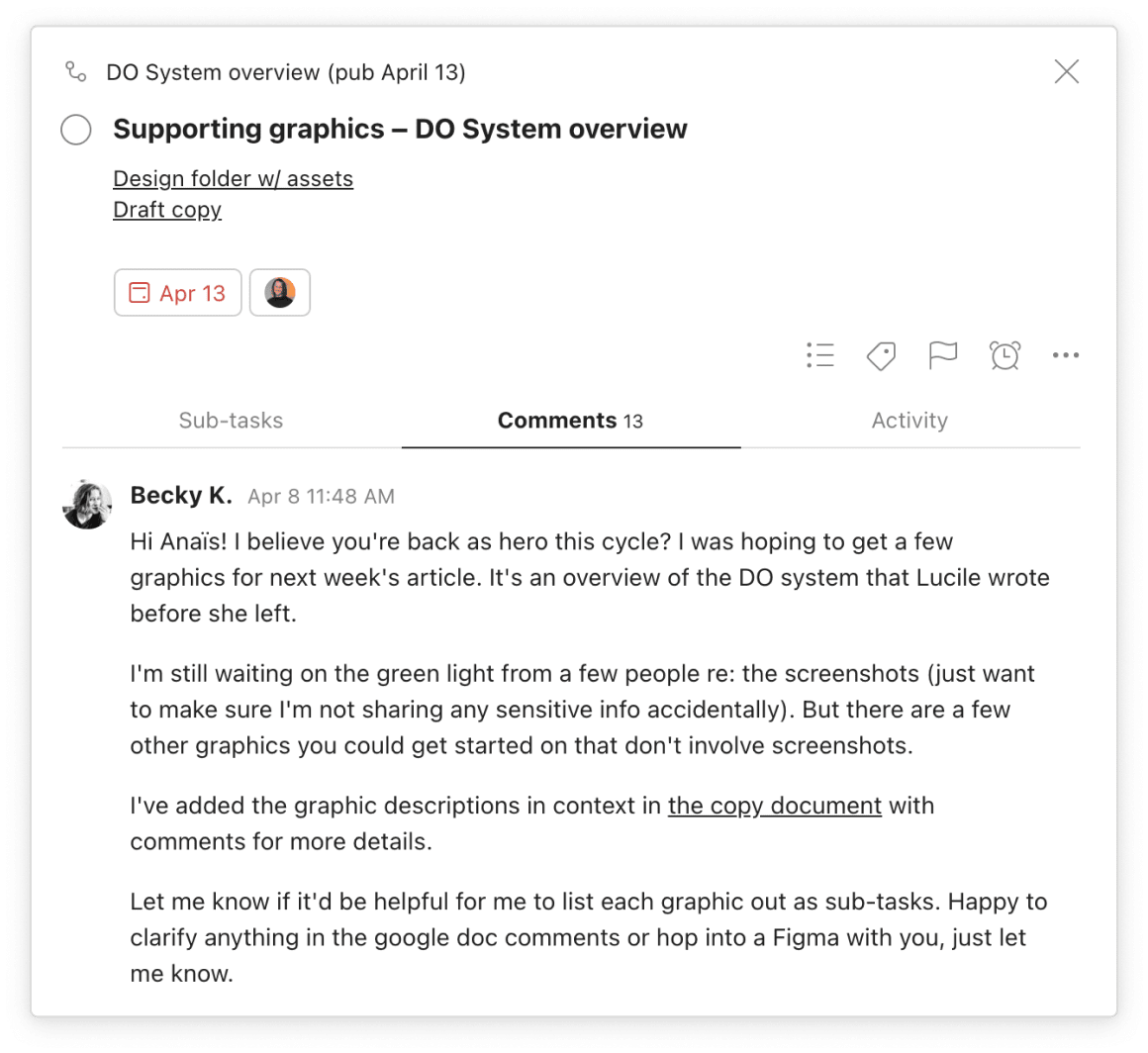 Becky uses task details, due dates, links, and a thorough comment to request supporting graphics for a blog.