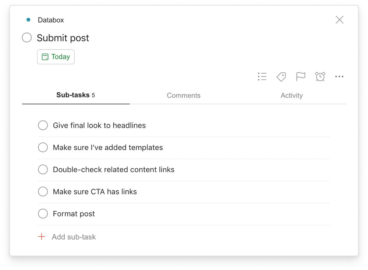 Masooma's checklist in Todoist using sub-tasks