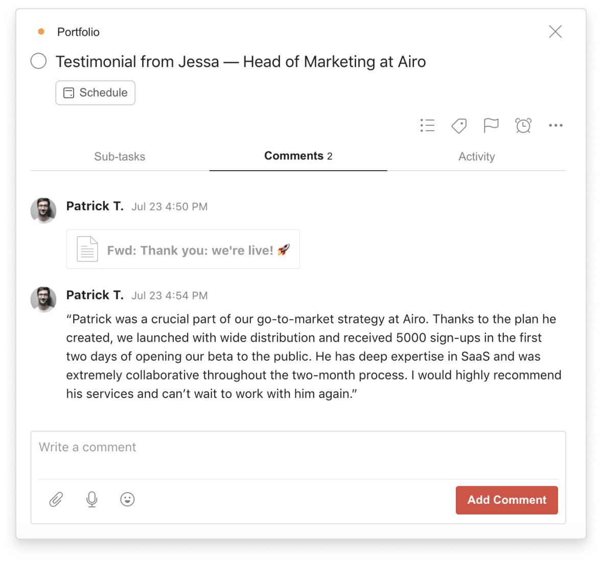 Use task comments to add important files and information from clients