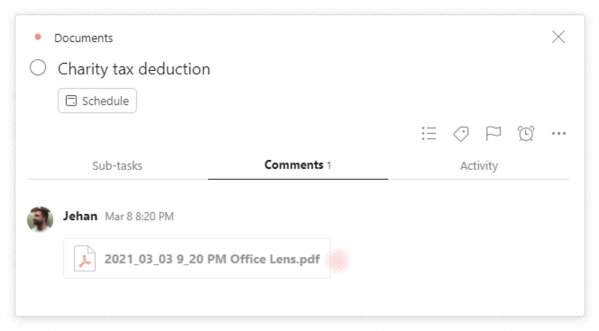 When you add a document as a task to Todoist, it gets stored as <a href="https://www.todoist.com/help/articles/introduction-to-comments-and-file-uploads-CwiA50">an attachment in the comments</a> section of your task.