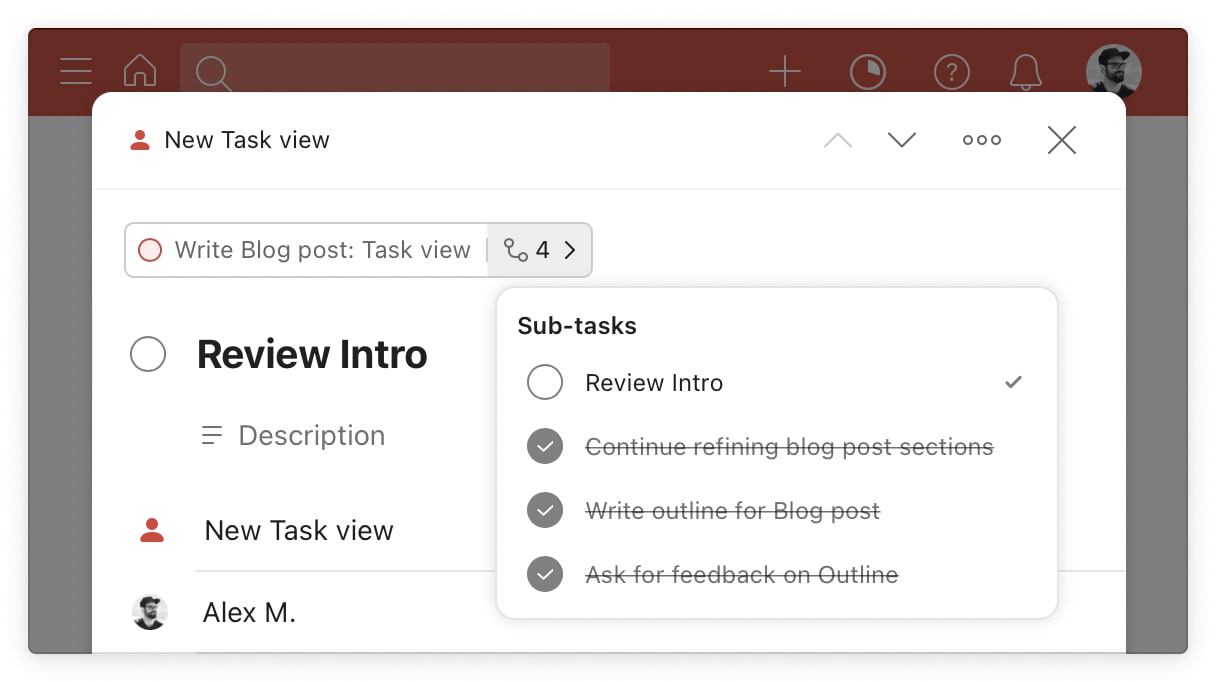 <em>Above the task name there is a parent task button. Clicking it brings you to the task. Next to it, a small sub-task icon including a number that opens a sub-menu that lists all sub-tasks.</em>