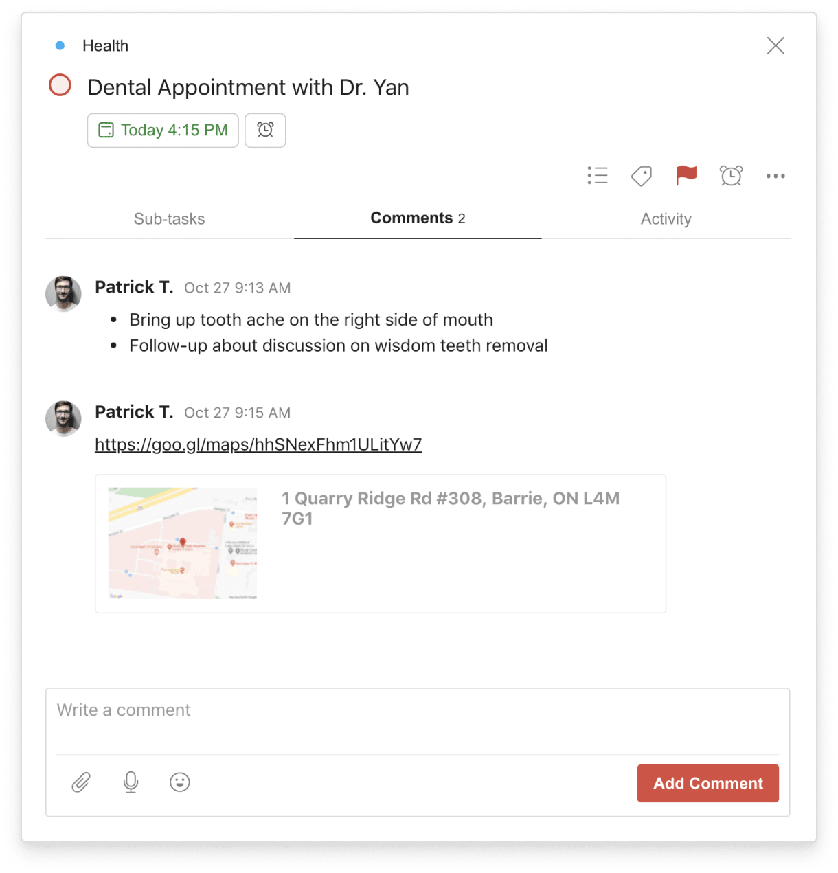 Use <a href="https://www.todoist.com/help/articles/add-a-project,-label,-or-filter-to-favorites-in-todoist-zezDfvSK">comments</a> in your doctor’s appointment tasks to keep all the details on hand.
