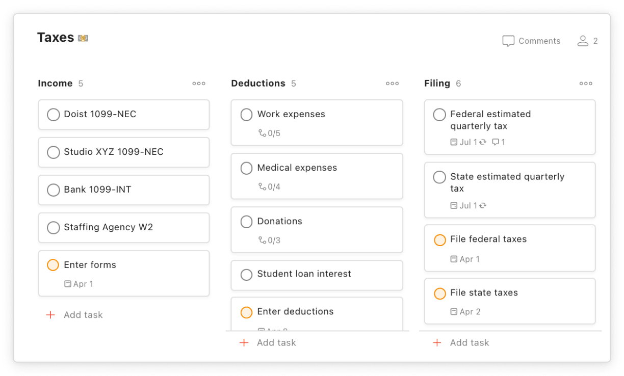 Use <a href="https://www.todoist.com/help/articles/use-the-board-layout-in-todoist-AiAVsyEI">Todoist Boards</a> to get a bird's eye view of your taxes.