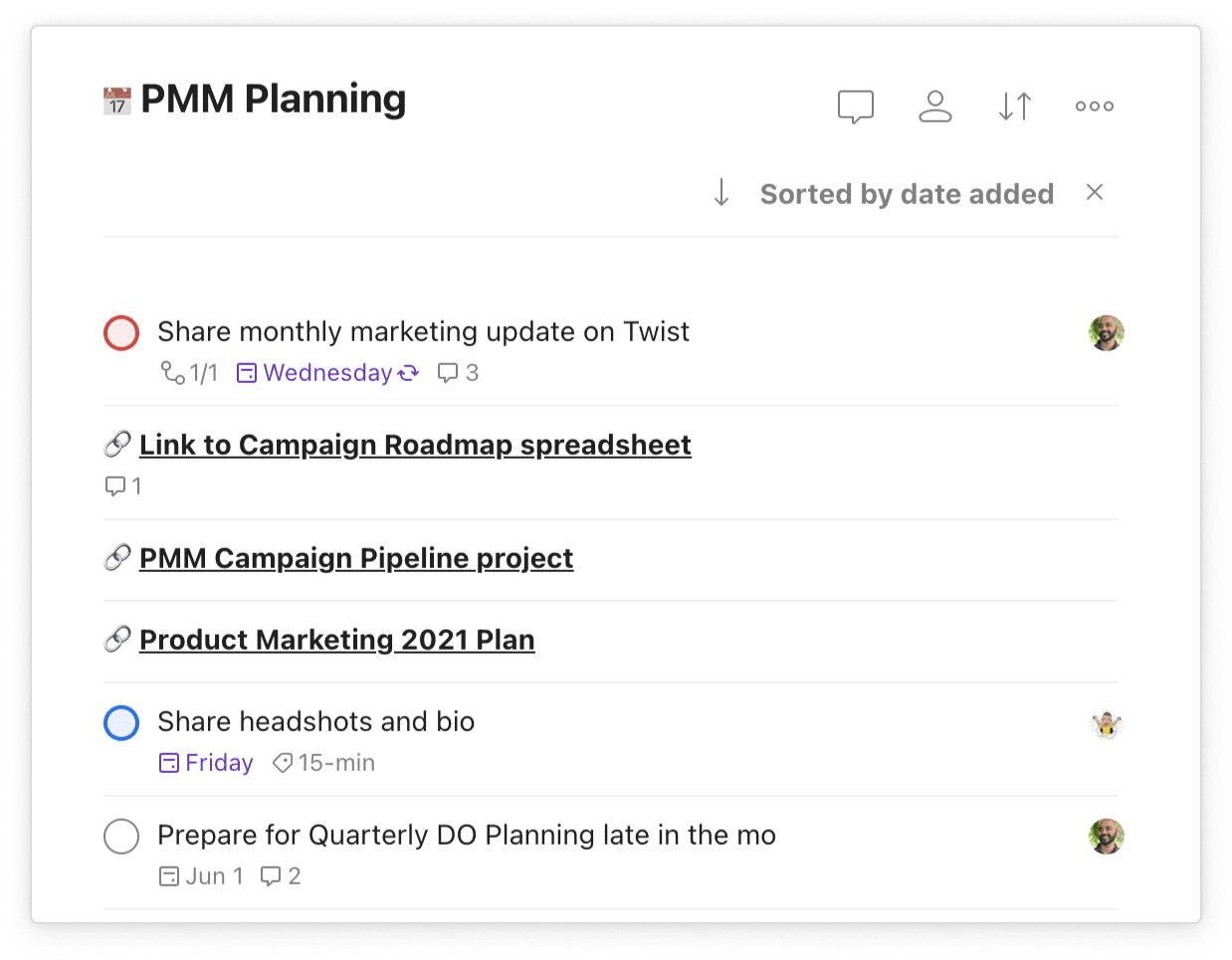 Neil can sort his tasks by the date they were added, to check very old items off his list.