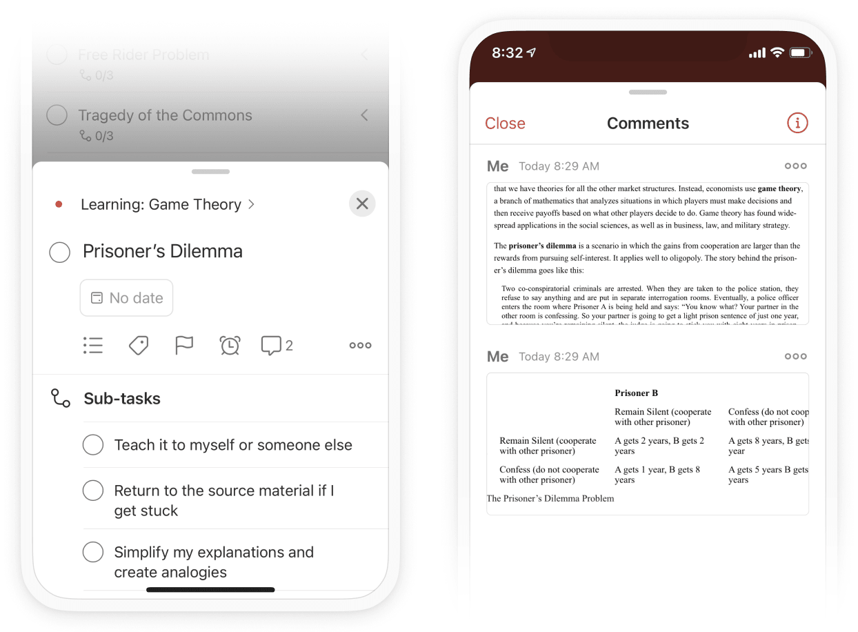 Add notes and references to your <a href="https://www.todoist.com/help/articles/introduction-to-comments-and-file-uploads-CwiA50">task comments</a>