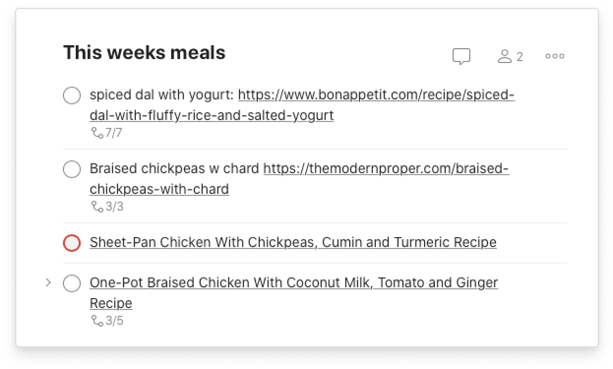 Alisha and her husband keep <a href="https://www.todoist.com/help/articles/collaborate-with-friends-and-family-in-todoist-tzkGUy">a shared Todoist project</a> of recipes.