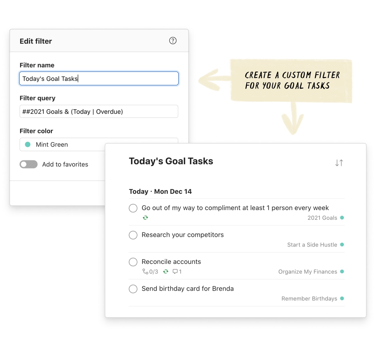 Filter tip: The <a href="https://www.todoist.com/help/articles/introduction-to-filters-V98wIH">filter query</a> "##2024 Goals" will show you all the tasks in your 2024 Goals project <em>and</em> its sub-projects.