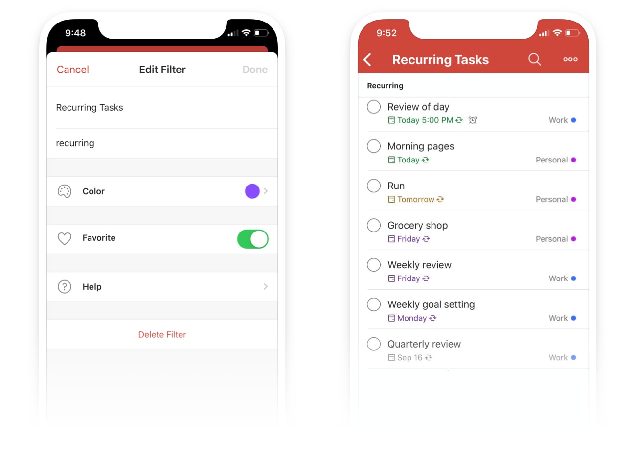 Setting up a filter on the go is easy — simply tap the <strong>+</strong> symbol in the filters section, add a name, and set your <a href="https://www.todoist.com/help/articles/introduction-to-filters-V98wIH">filter query</a>.