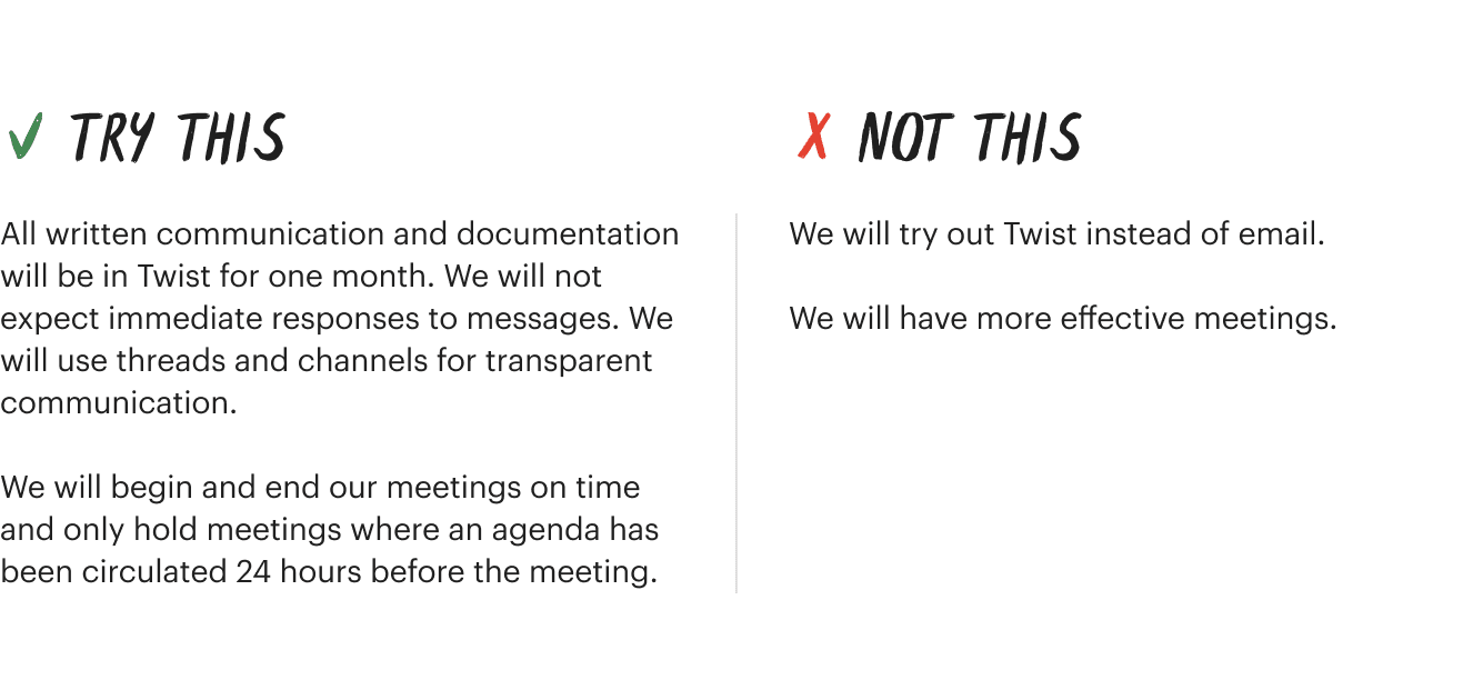 Be clear in how you document shared expectations, as in this explanation of using <a href="https://twist.com/" target="_blank" rel="noopener noreferrer">Twist</a> as a team communication tool.