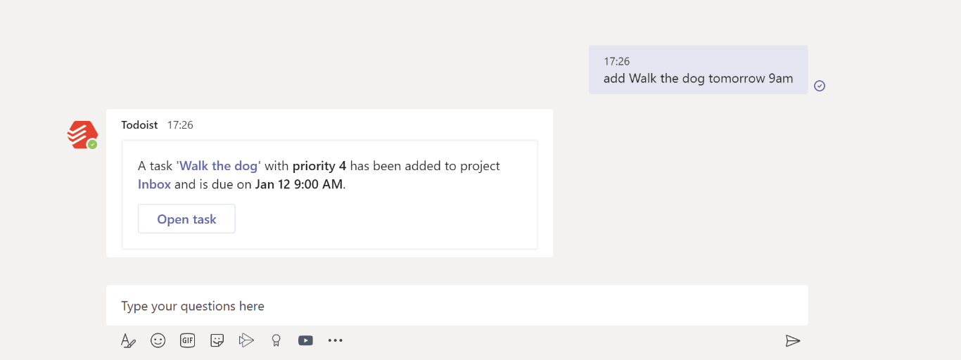 Todoist görevi Teams sohbetinde