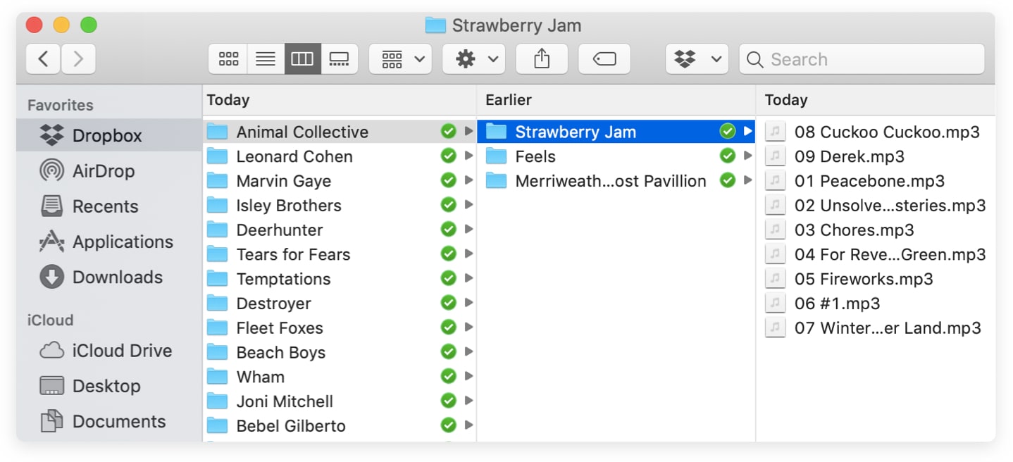 Music files, organized by artist, album, and track name