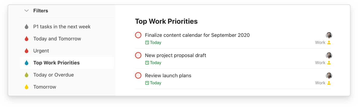 A view of the Top Work Priorities filter