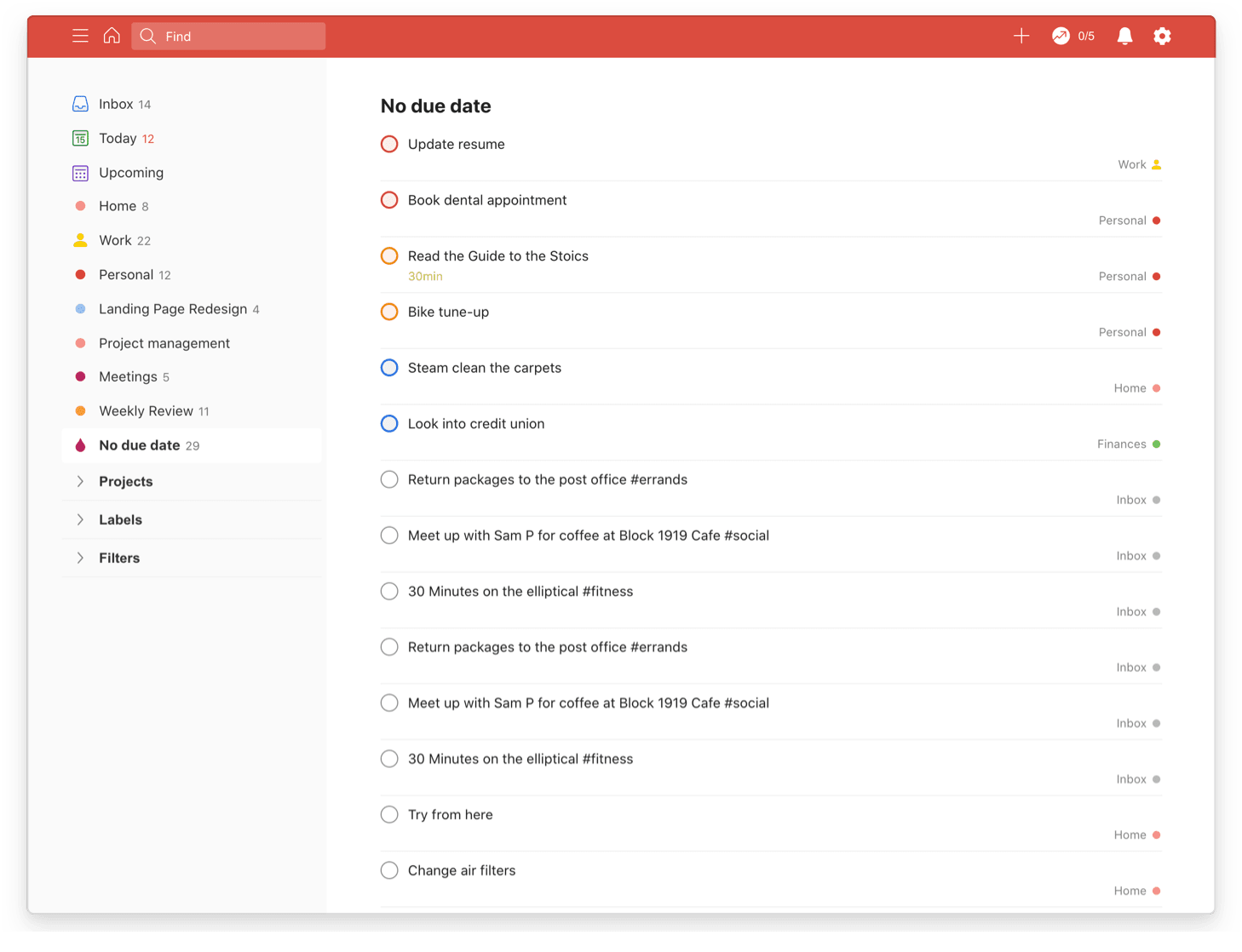 A view of tasks in the No Due Date filter