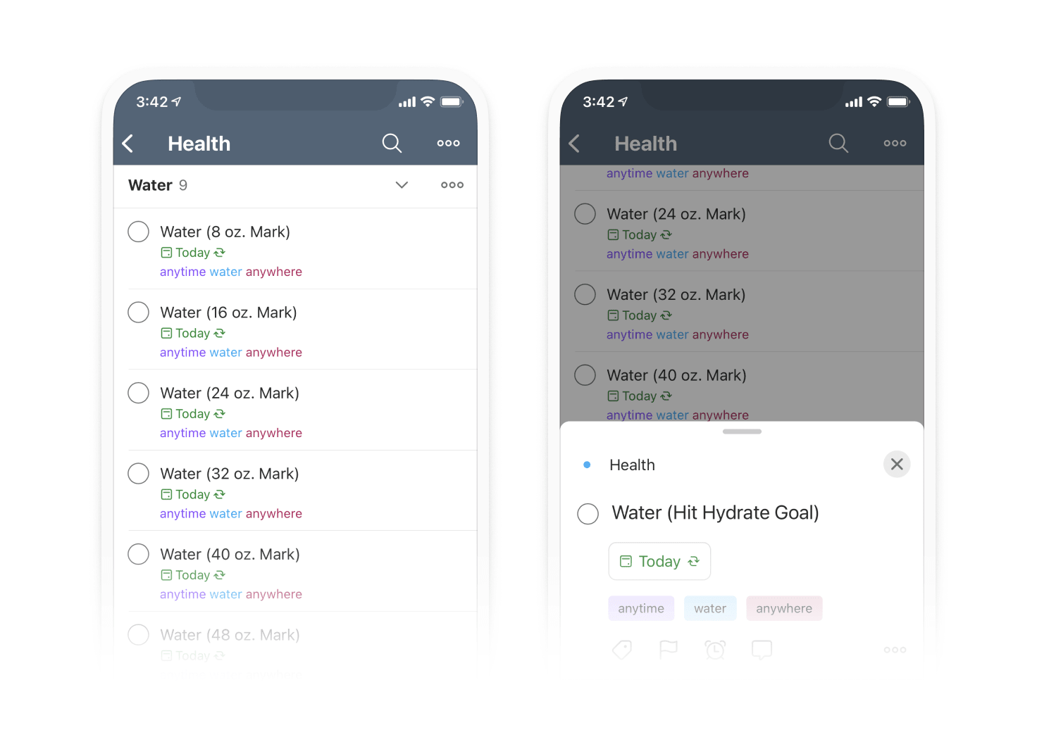 Todoist user Rachelle Bennington drinks 72 ounces of water daily — thanks to glass-by-glass tasks.