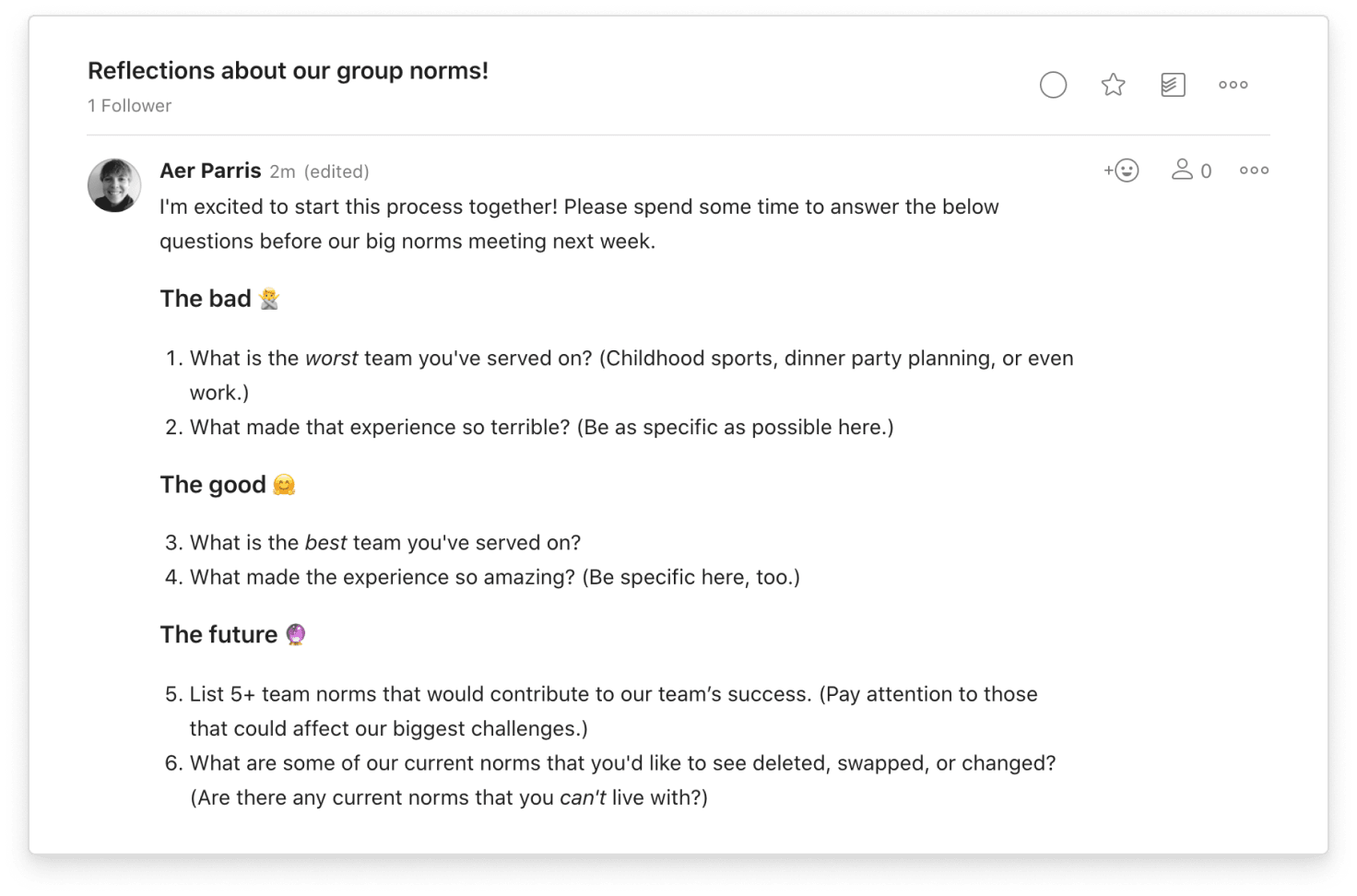 Circulating specific thought-starters before a group discussion can give people a little extra time to think about what they’d like to give and get from the group.
