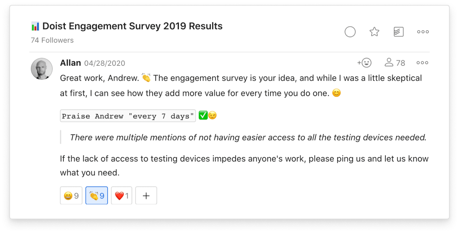At <a href="https://todoist.com/inspiration/" target="_blank" rel="noopener noreferrer">Doist</a>, Andrew in people operations started conversations with a company-wide engagement survey and leadership quickly championed the effort.