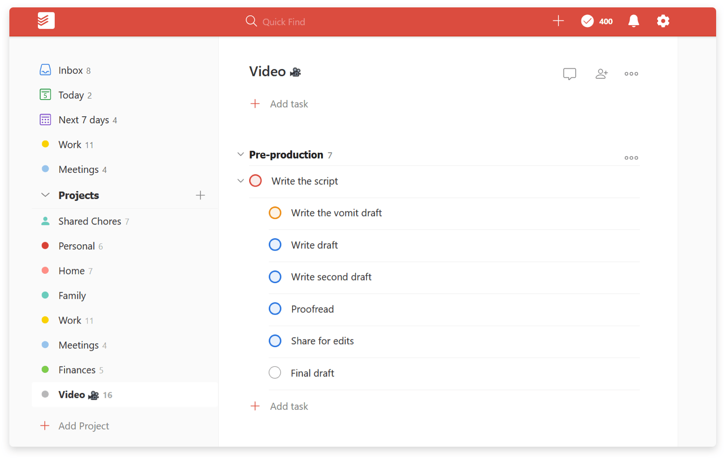 A scheduled, prioritized video production project, ready to go.