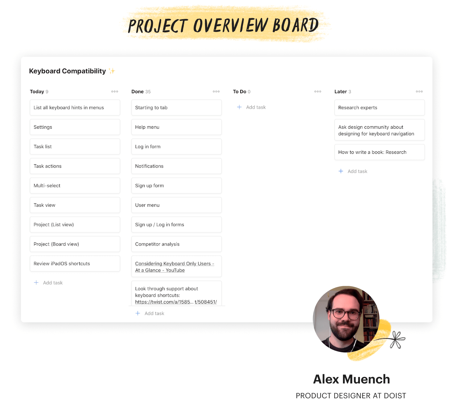 “The order of sections might seem a bit unconventional, but I liked moving tasks from “Today” to “Done”, says Doist product designer Alex Meunch.