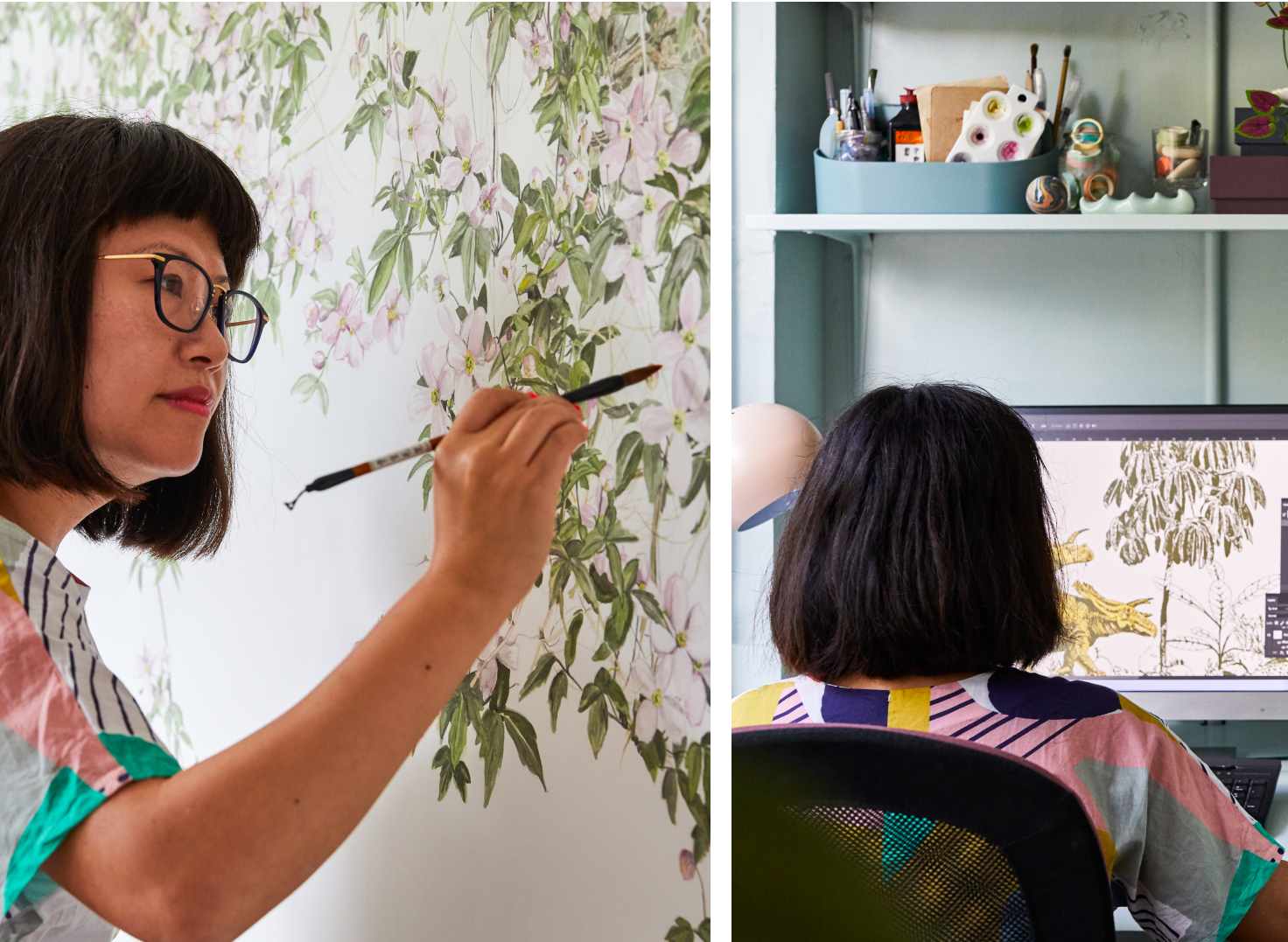 Sian in her studio, painting and working on her computer (Photo credit: Veerle Evens for Etsy)