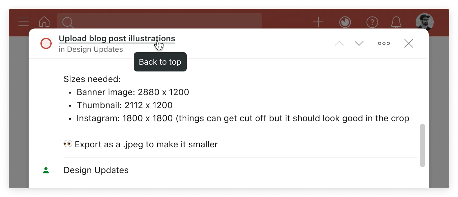 <em>The cursor is hovering over the task name in the top bar inside a scrolled task.</em>