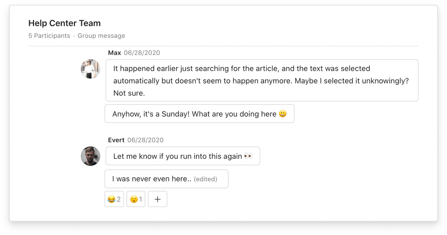 At <a href="https://todoist.com/inspiration/" target="_blank" rel="noopener noreferrer">Doist</a>, teammates upholding positive group norms by acknowledging the expectation that no one works when they’re supposed to be off.