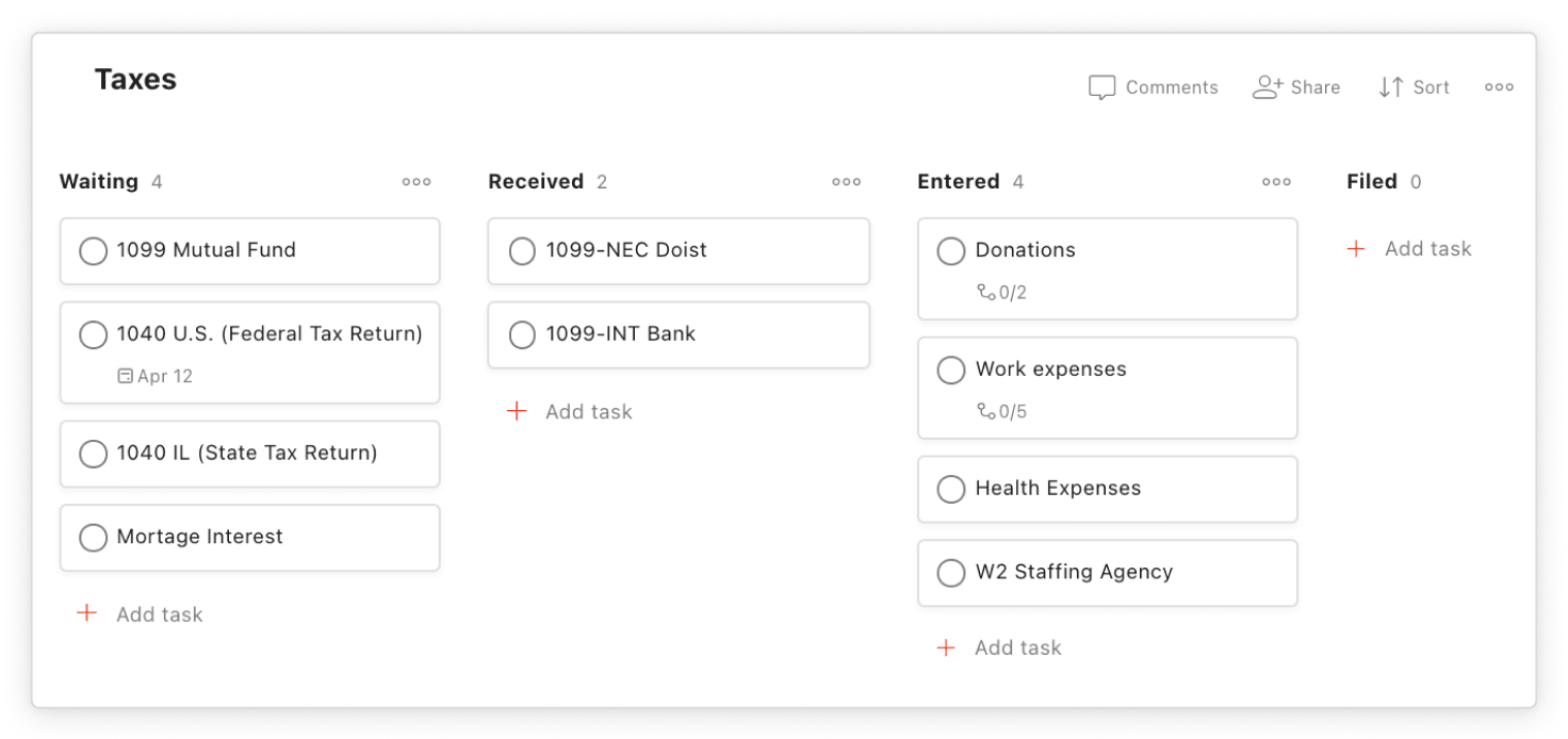 Use <a href="https://www.todoist.com/help/articles/use-the-board-layout-in-todoist-AiAVsyEI">Todoist Boards</a> to track and visualize where you are in the tax process