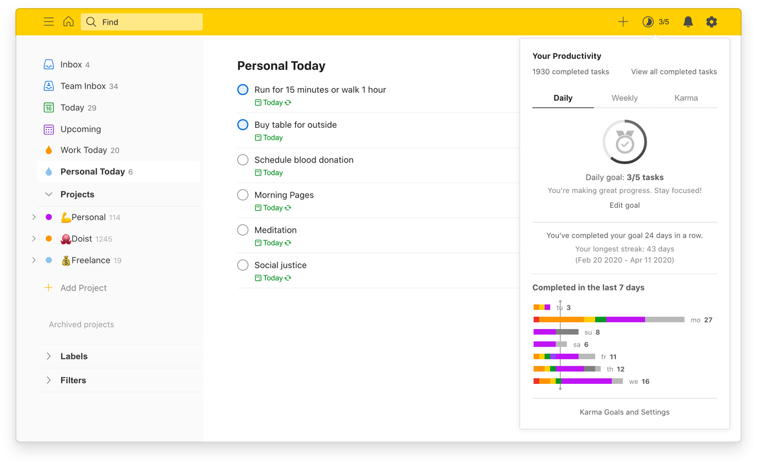 Check your <a href="https://www.todoist.com/help/articles/use-the-productivity-view-in-todoist-6S63uAa9">Productivity view</a> to get you an overview of how much you’ve accomplished by day and week.