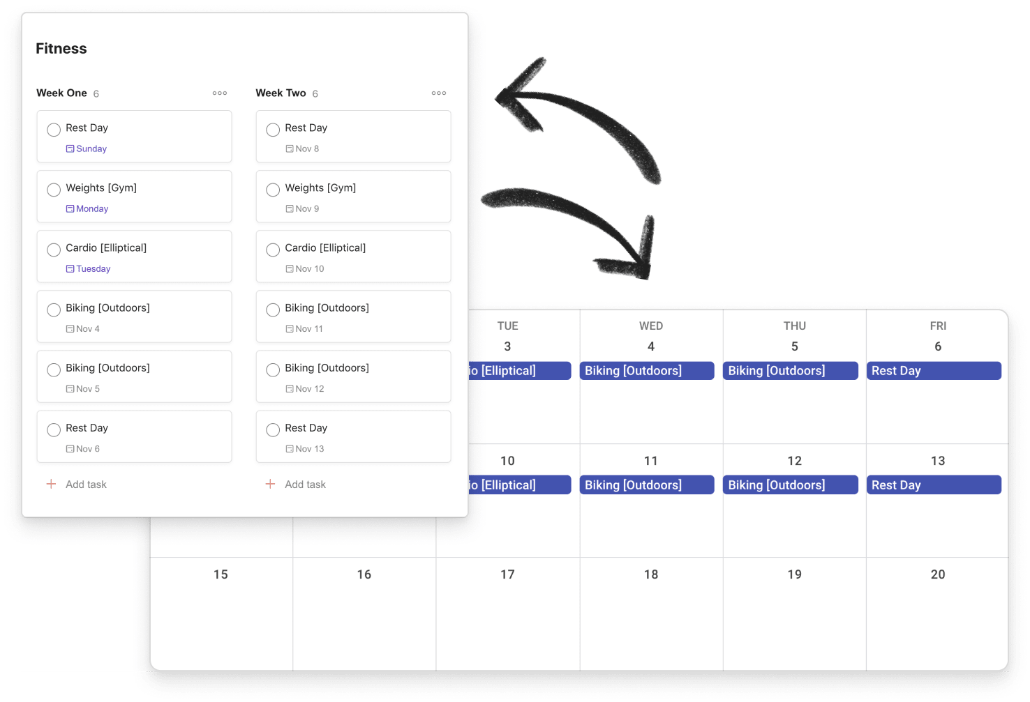 Using Todoist’s real-time, two-way sync <a href="https://www.todoist.com/integrations/apps/google-calendar-integration">integration</a> with Google Calendar helps you visualize your workout tasks in your calendar and in your Todoist.