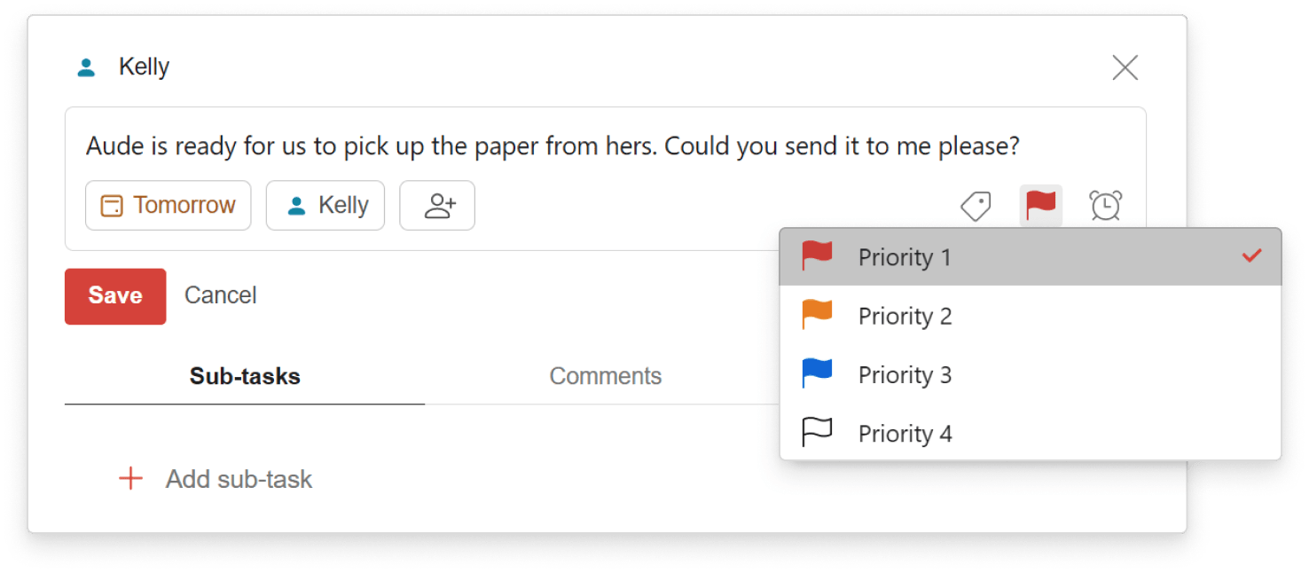 Using <a href="https://www.todoist.com/help/articles/introduction-to-priorities-Wy82Jp">priority levels</a> helps Sian convey to her reports which task they can work on first.