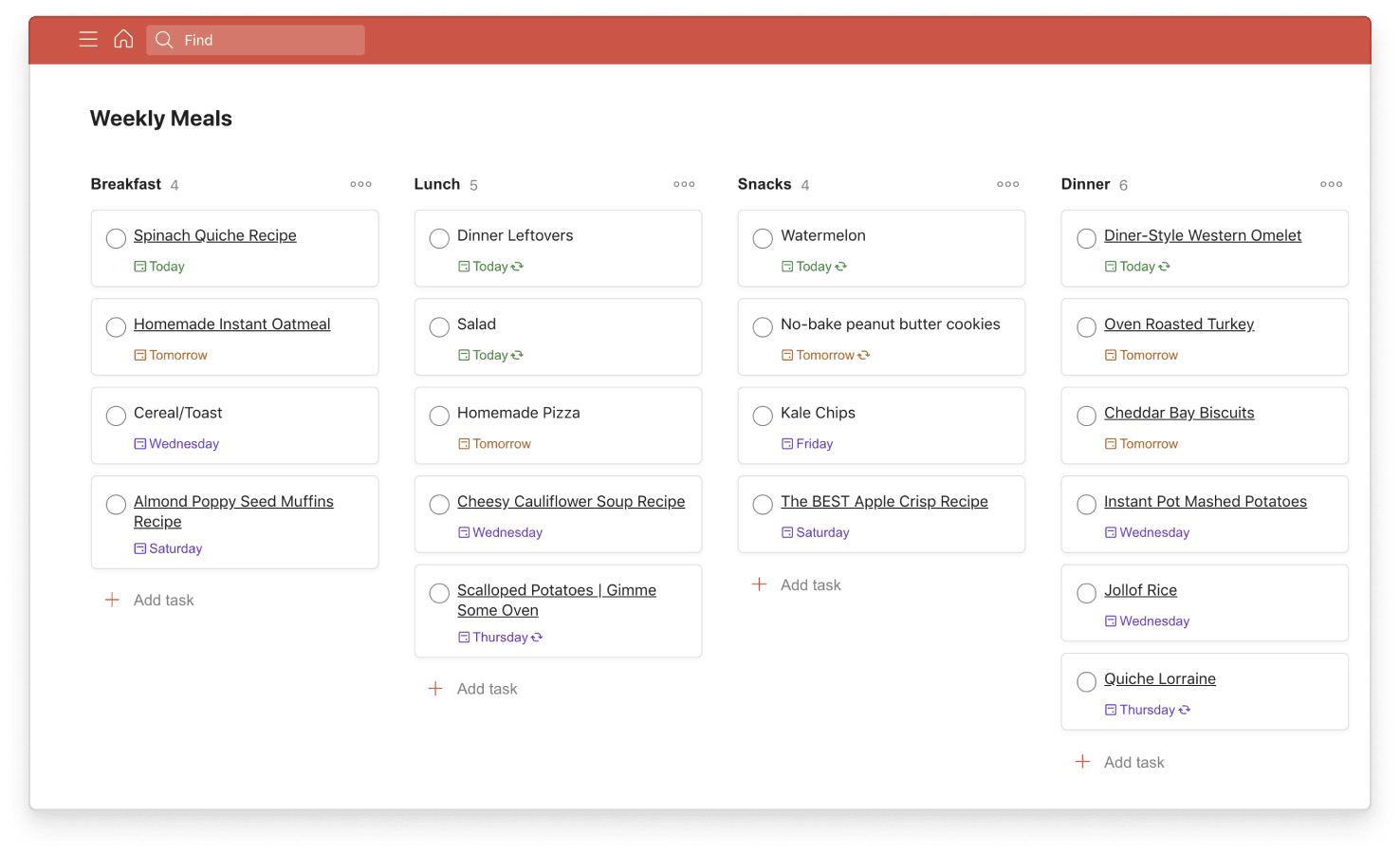 You can use Todoist to plan meals your favorite meals and arranging and rearrange them for the week using <a href="https://www.todoist.com/productivity-methods/kanban">Boards</a> view.