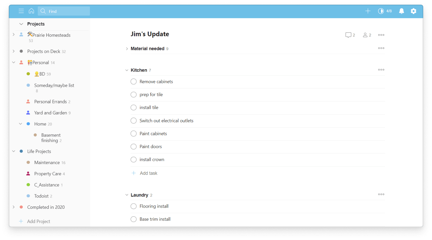 Brad creates a <a href="https://www.todoist.com/help/articles/introduction-to-projects-TLTjNftLM">Project</a> for each customer and a <a href="https://www.todoist.com/help/articles/introduction-to-sections-rOrK0aEn">Section</a> for each room of the house he works on