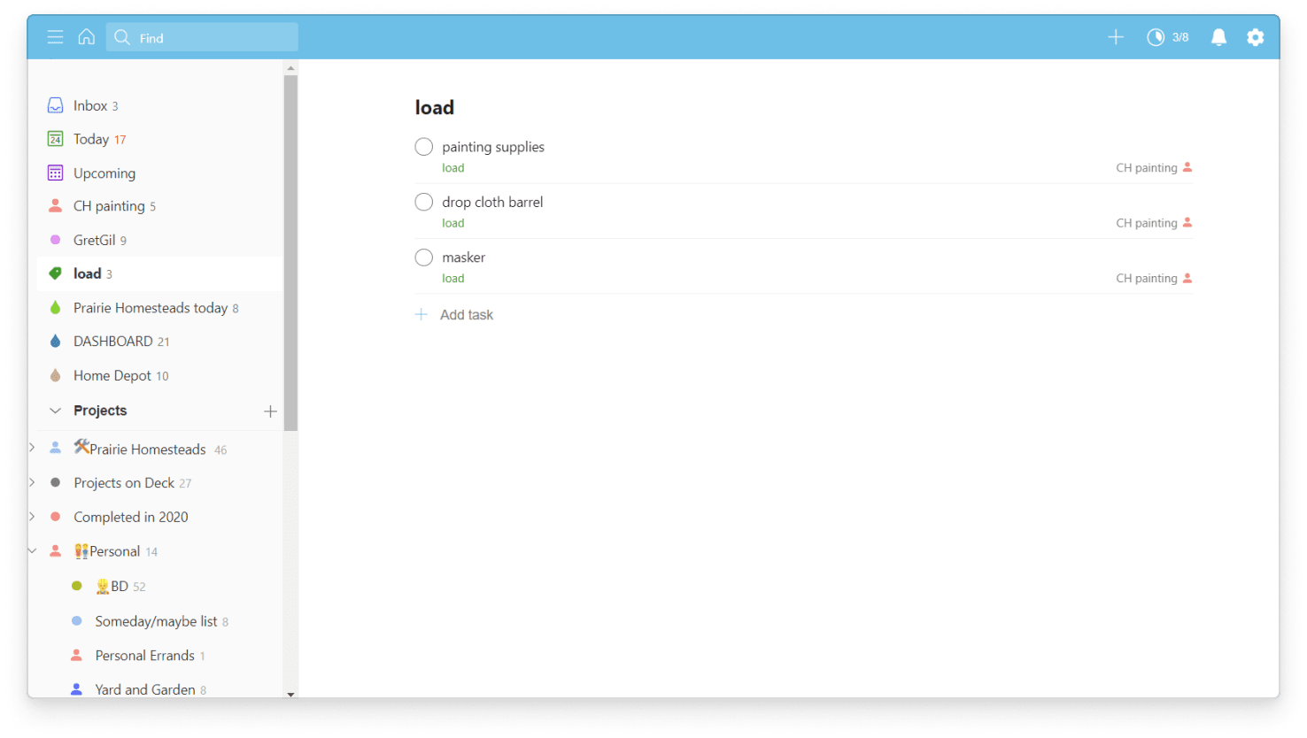 Brad uses his @load <a href="https://www.todoist.com/help/articles/introduction-to-labels-dSo2eE">label</a> to tag any tool or part he and his son may need to bring from home for upcoming jobs.
