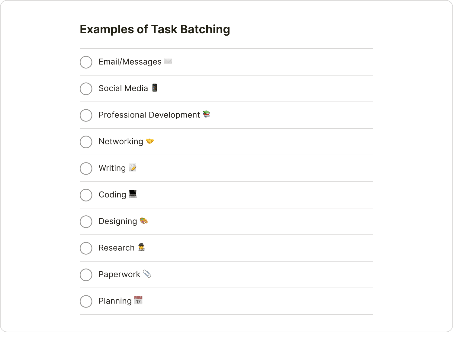 Common task batching examples such as email/messages, social media, networking, and writing