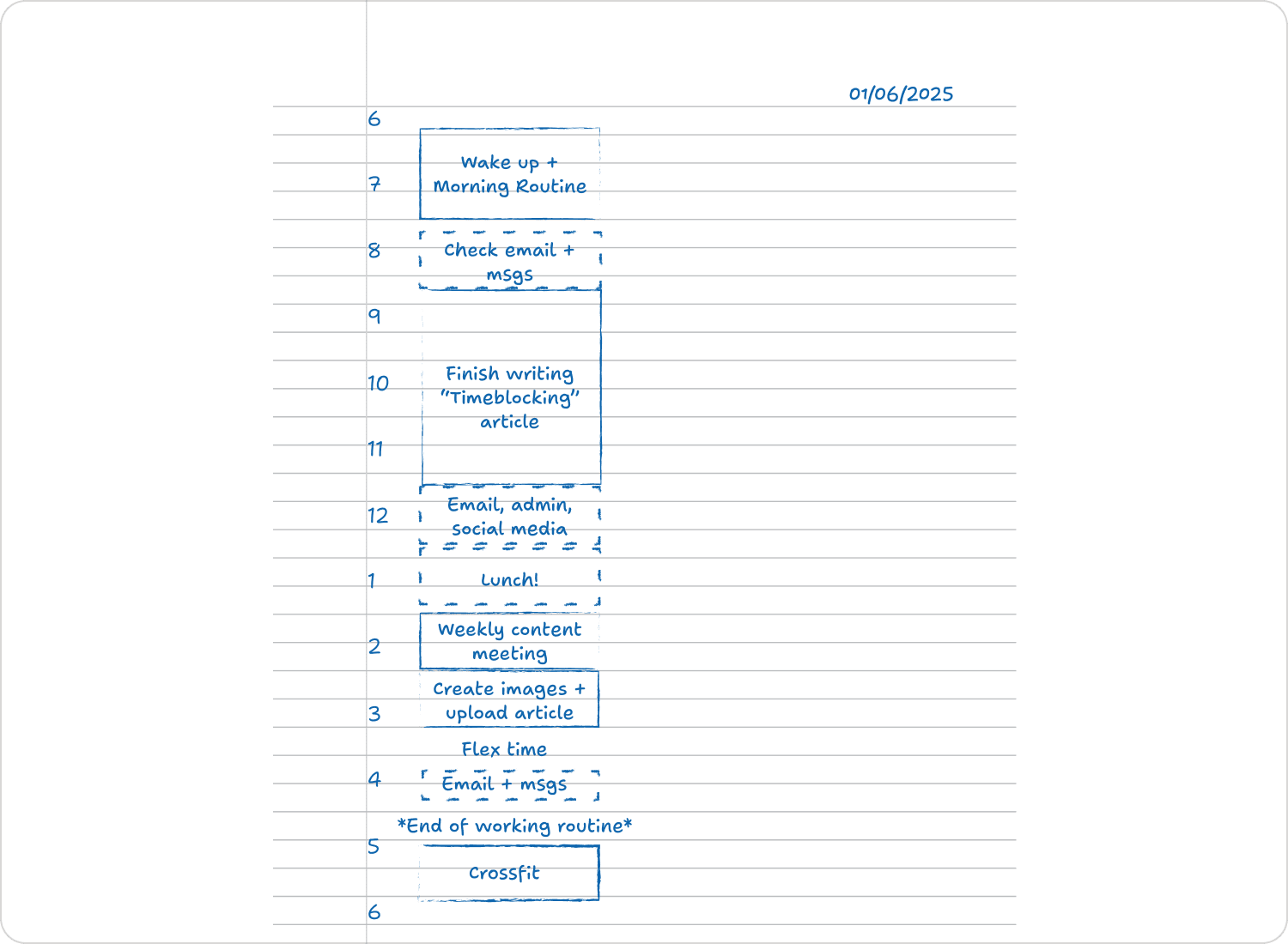 Handwritten timeboxed schedule on paper