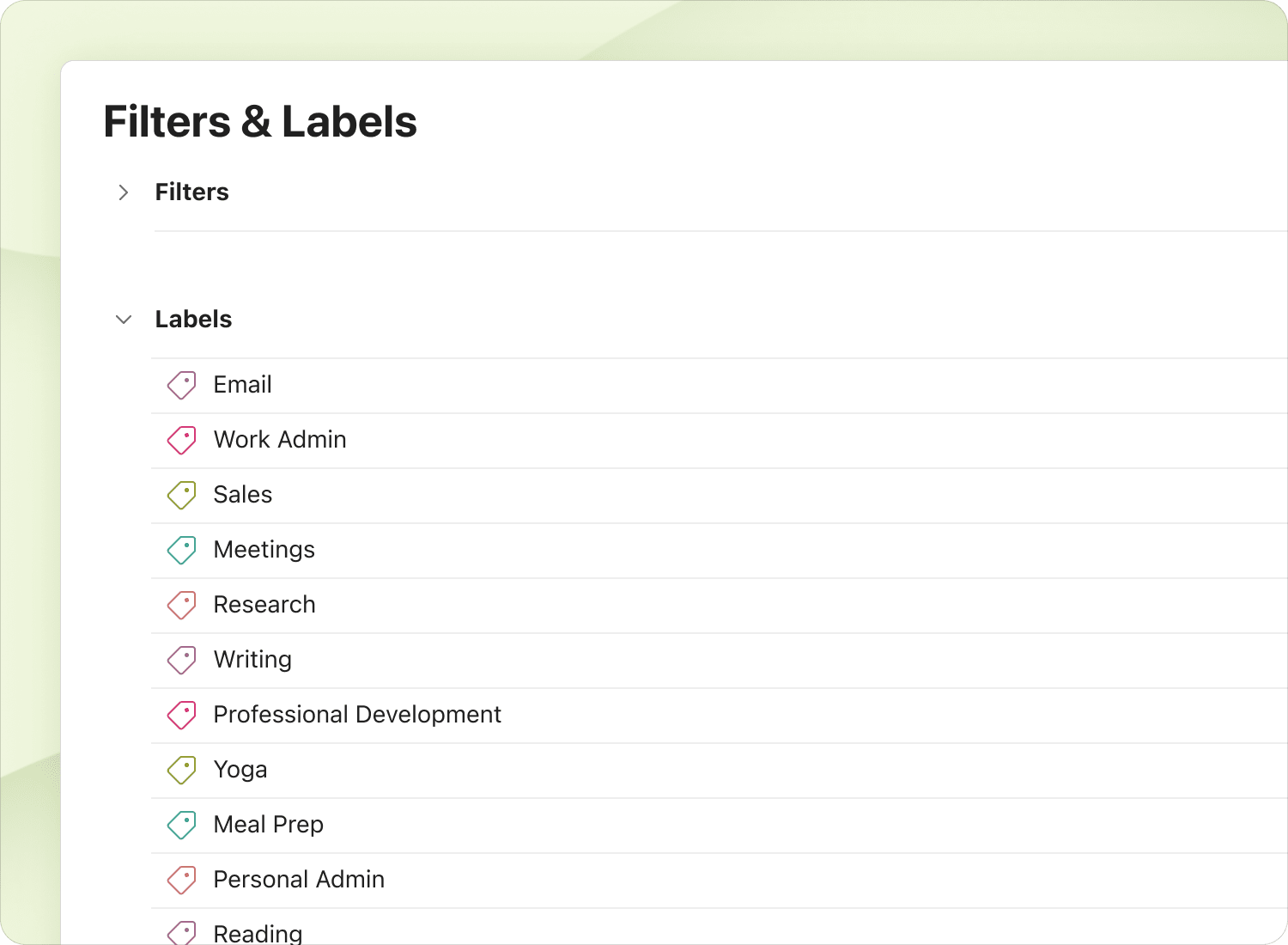 List of Todoist labels to categorize and batch tasks