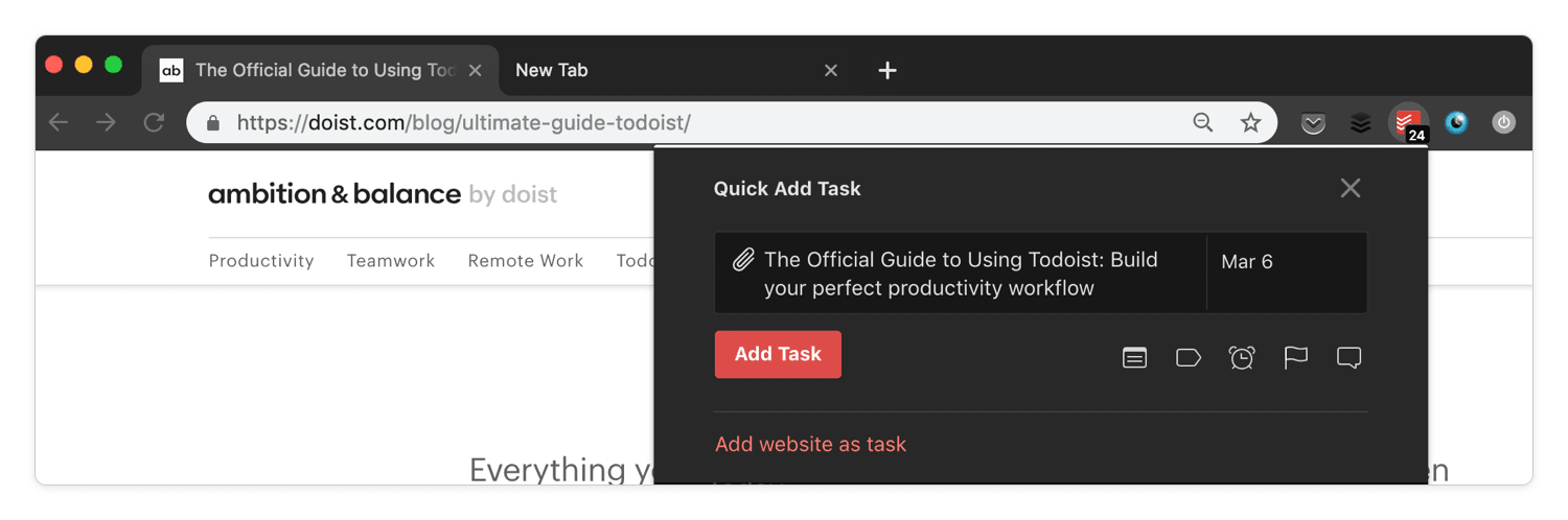 Save your websites as tasks to a “To Read” folder using the <a href="https://www.todoist.com/inspiration/chrome-extensions">Todoist Chrome extension</a>, with a link right back to the original URL.