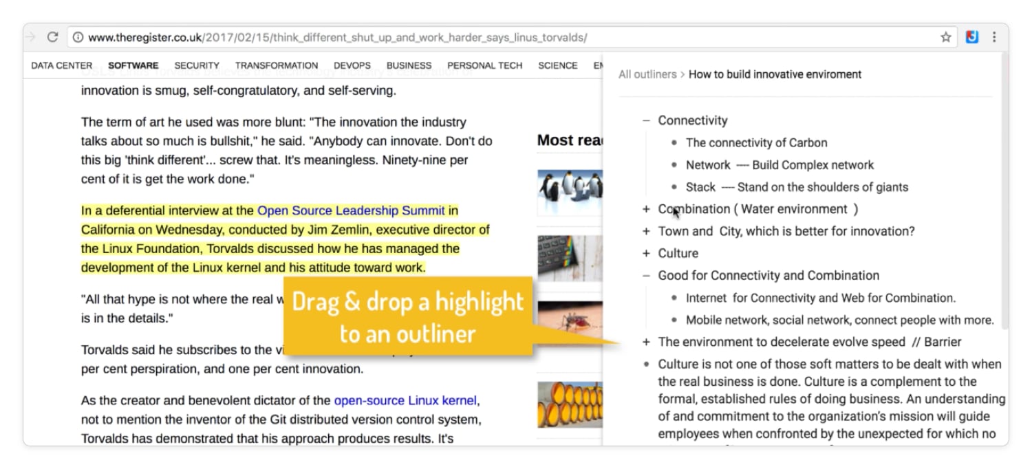 Save research, markup webpages, drag and drop into outlines and more.