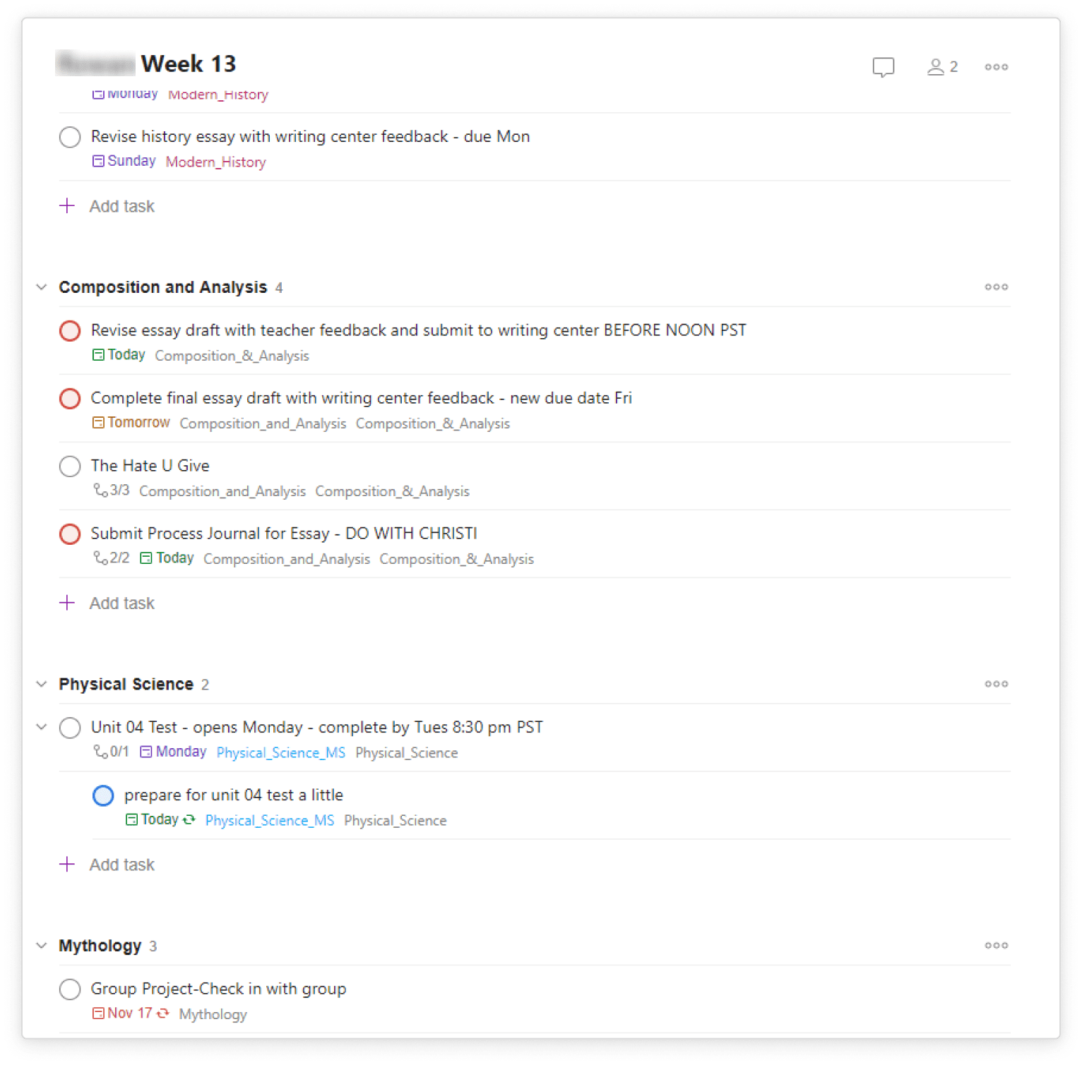 A Davidson Academy student’s Todoist project view