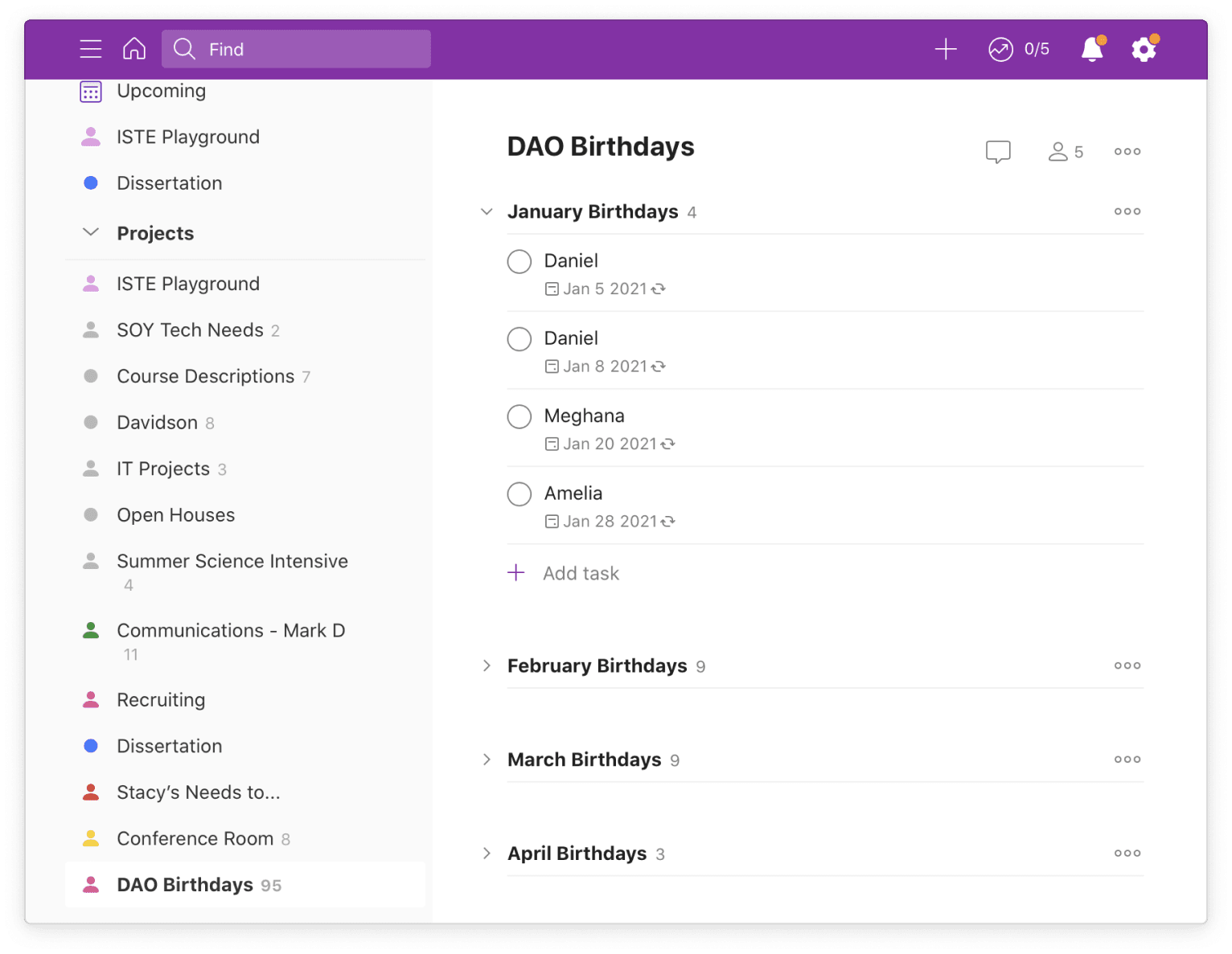 Davidson staff have a Todoist project for keeping track of birthdays among student body and staff