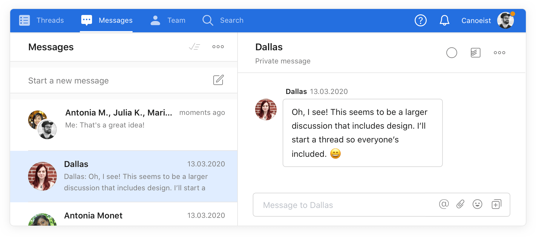 Move important conversations from Messages to Threads in <a href="https://twist.com/" target="_blank" rel="noopener noreferrer">Twist</a>