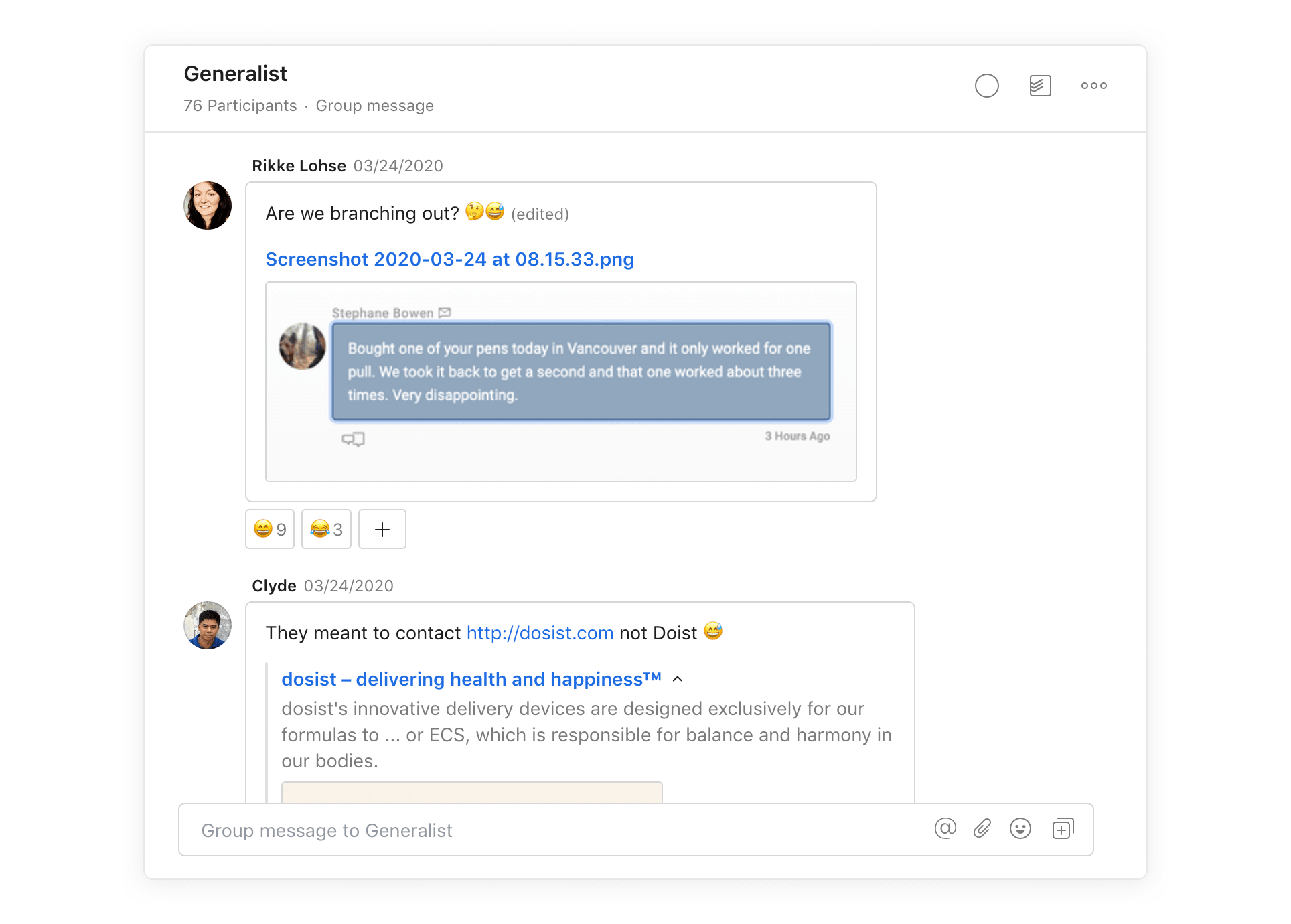 Our “Generalist” <a href="https://get.twist.help/hc/en-us/articles/115003629889?" target="_blank" rel="noopener noreferrer">group message in Twist</a> gives the whole team a place to make short announcements; share articles, gifs, & memes; and just socialize.