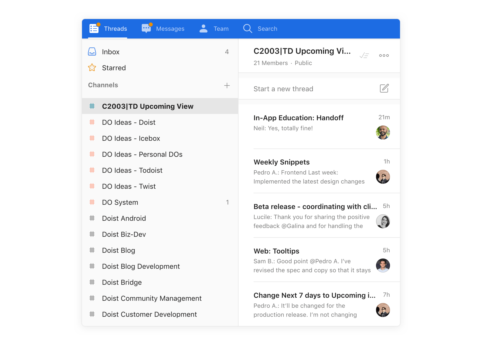 We have <a href="https://todoist.com/inspiration/twist-channels-organization/" target="_blank" rel="noopener noreferrer">public channels in Twist for each project and team</a> so it’s easy to browse threads, see what’s being discussed, and catch up on the status of any project or decision.