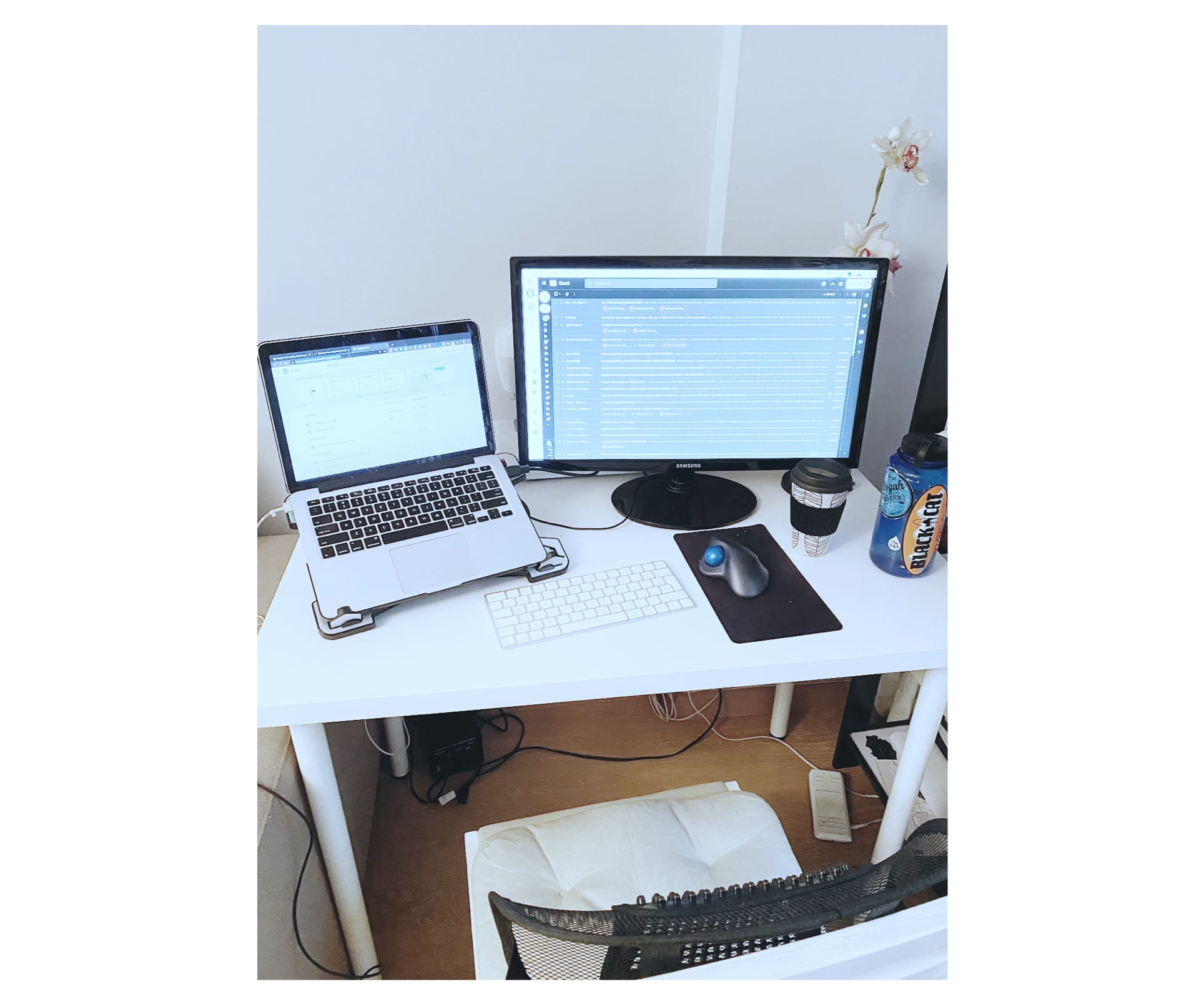 Get creative and intentional with your <a href="https://todoist.com/inspiration/home-office-upgrades/" target="_blank" rel="noopener noreferrer">home office setup</a>! This is my wife Allison’s sewing/craft table converted to my “office” (I usually go to a coworking space). She moved to the living room table. Notice the back support added to the regular chair 😂👨🏻‍🦳