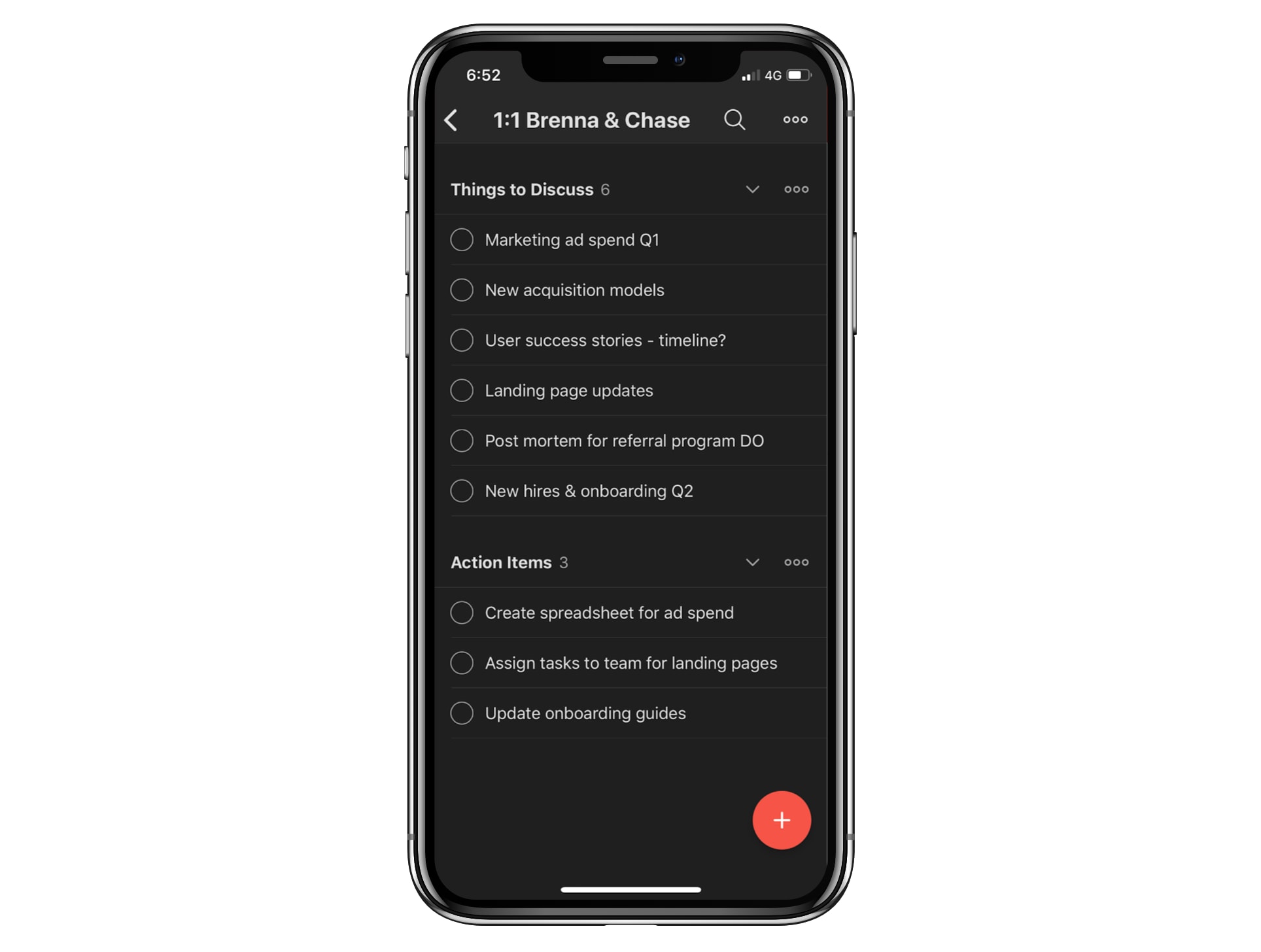 For every recurring meeting, we keep running list of agenda items in a Todoist project. If you’re interested in trying something similar, here’s a <a href="https://todoist.com/templates/work/meeting-agenda" target="_blank" rel="noopener noreferrer">meeting template to get started with.</a>