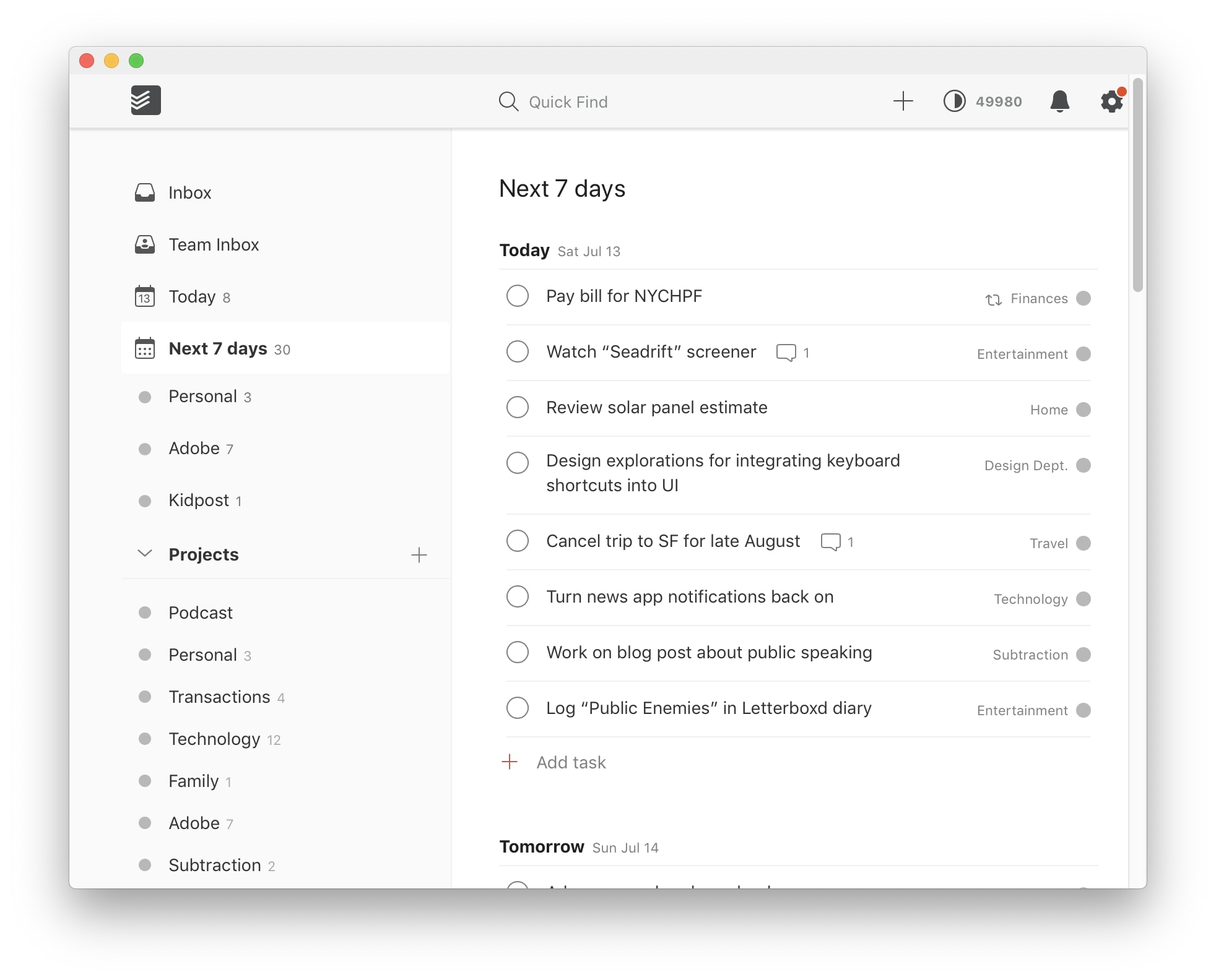 Khoi's Next 7 Days view on Todoist for Mac