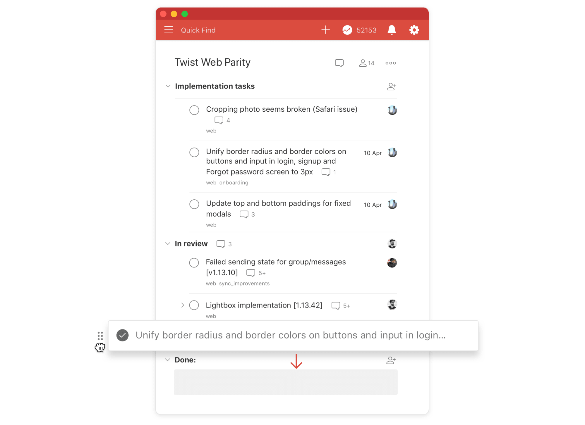 Move the task to the "Done" section