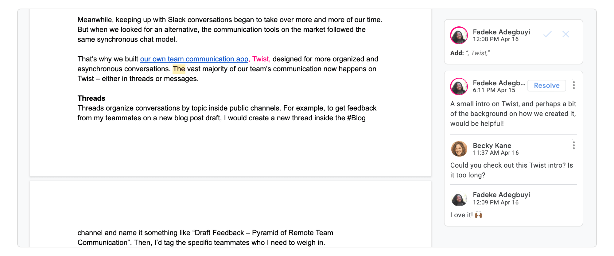 Providing feedback on a draft of this blog post in Google Docs